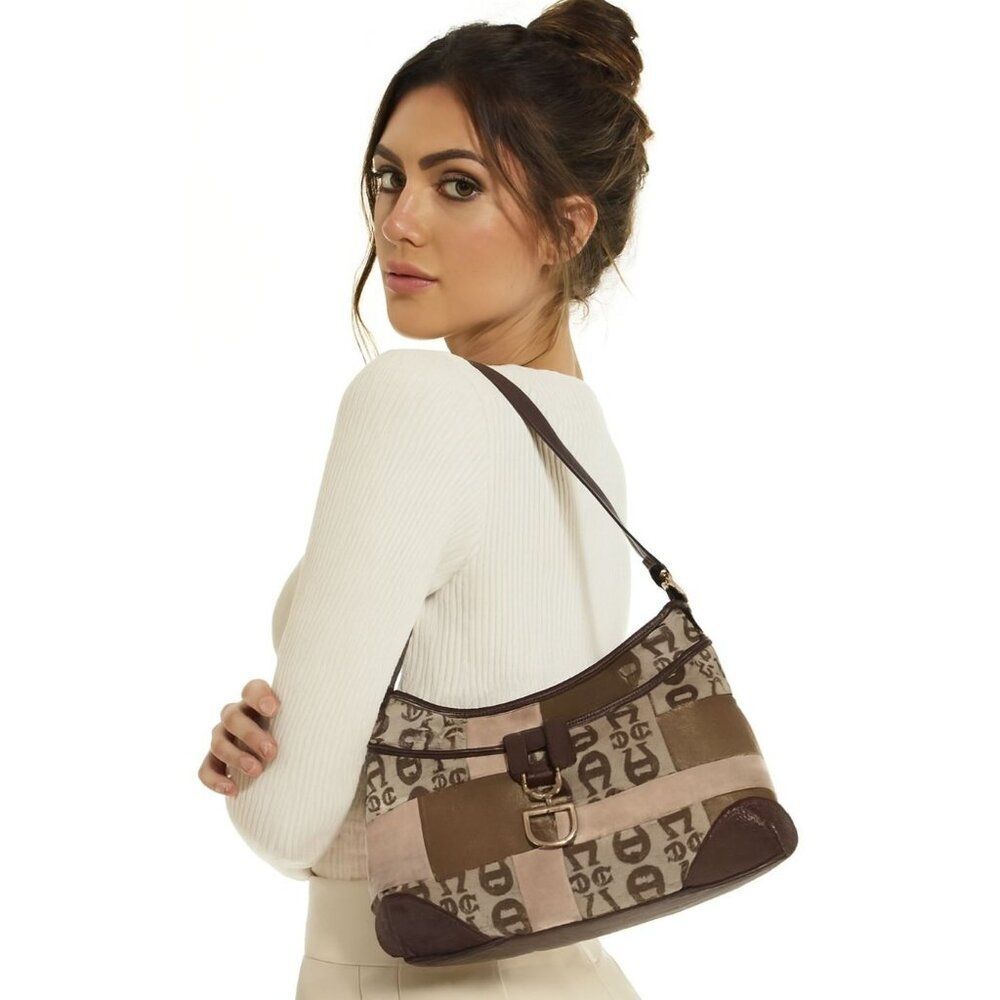 Etienne Aigner Bag Shoulder Tote Handbag Satchel Brown Patchwork WOMEN'S WOMAN'S